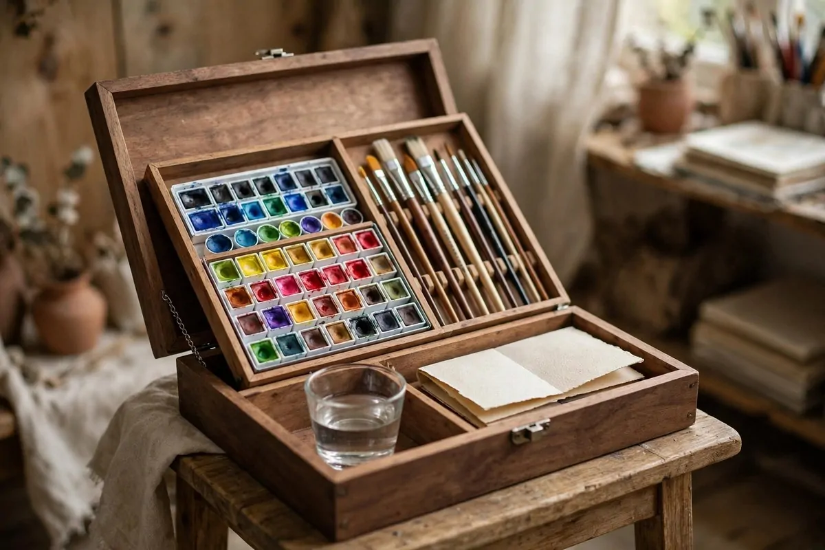 Open art supply box with organized trays and brushes on a table in a tiny art studio space