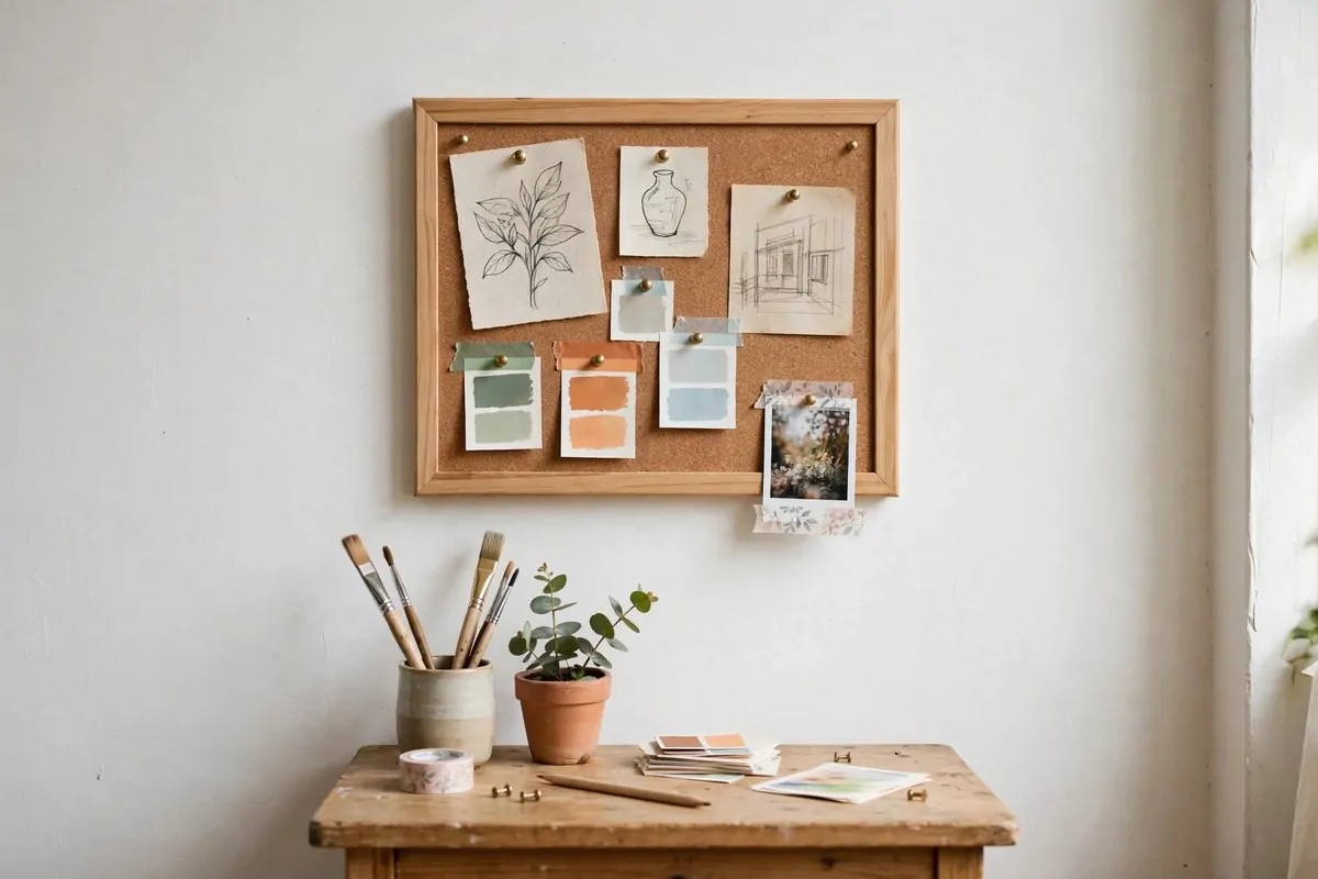 Small framed cork board with pinned sketches and color swatches in a tiny art studio space