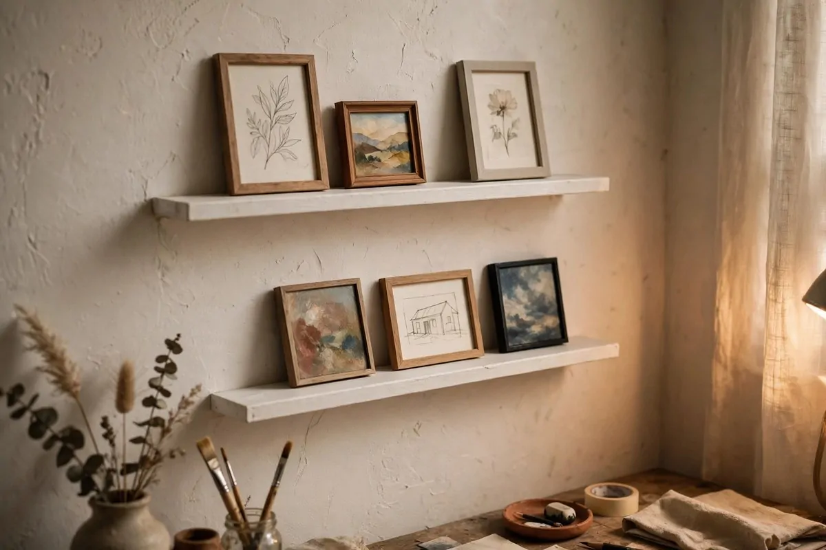 Narrow picture ledges displaying small finished paintings in a tiny art studio space