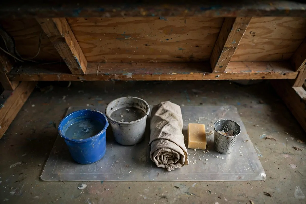 Small cleanup station with two water buckets and rag roll under a desk in a tiny art studio space