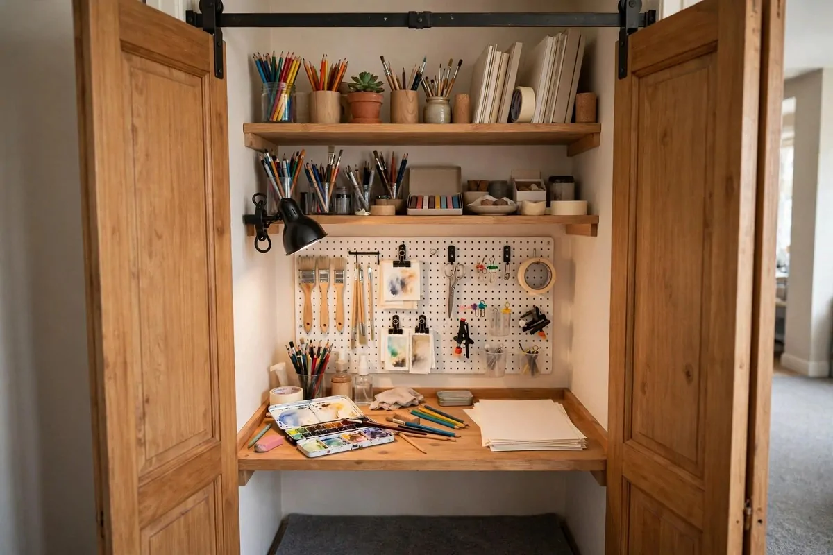 Small closet converted into a mini art studio with desk and shelves in a tiny art studio space