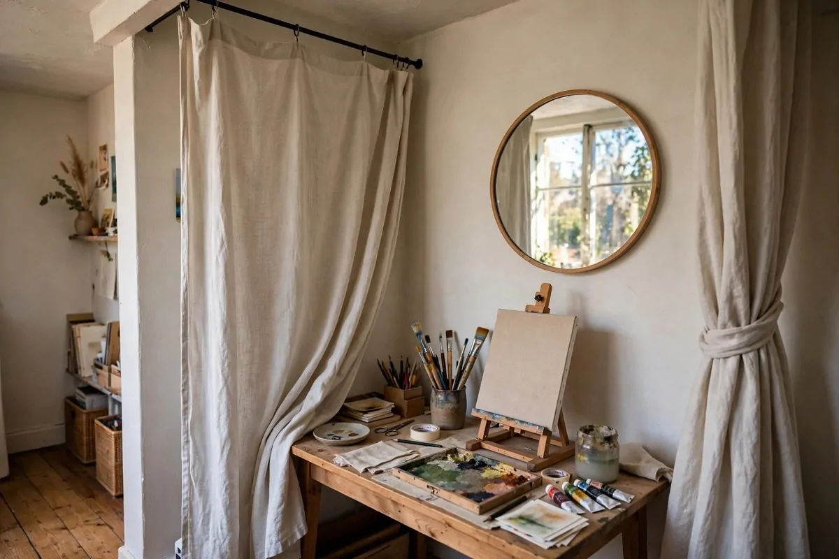 Curtain divider and round mirror defining an art corner in a tiny art studio space