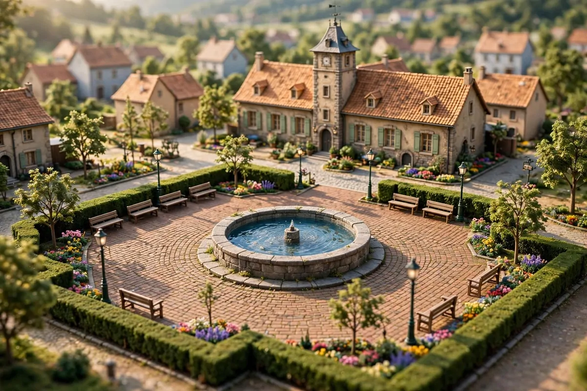 17 Acnh Town Hall Ideas for a Picture-Perfect Plaza 2 Miniature diorama photo of a stone fountain with sparkling water in the center of a village plaza with benches and flower borders