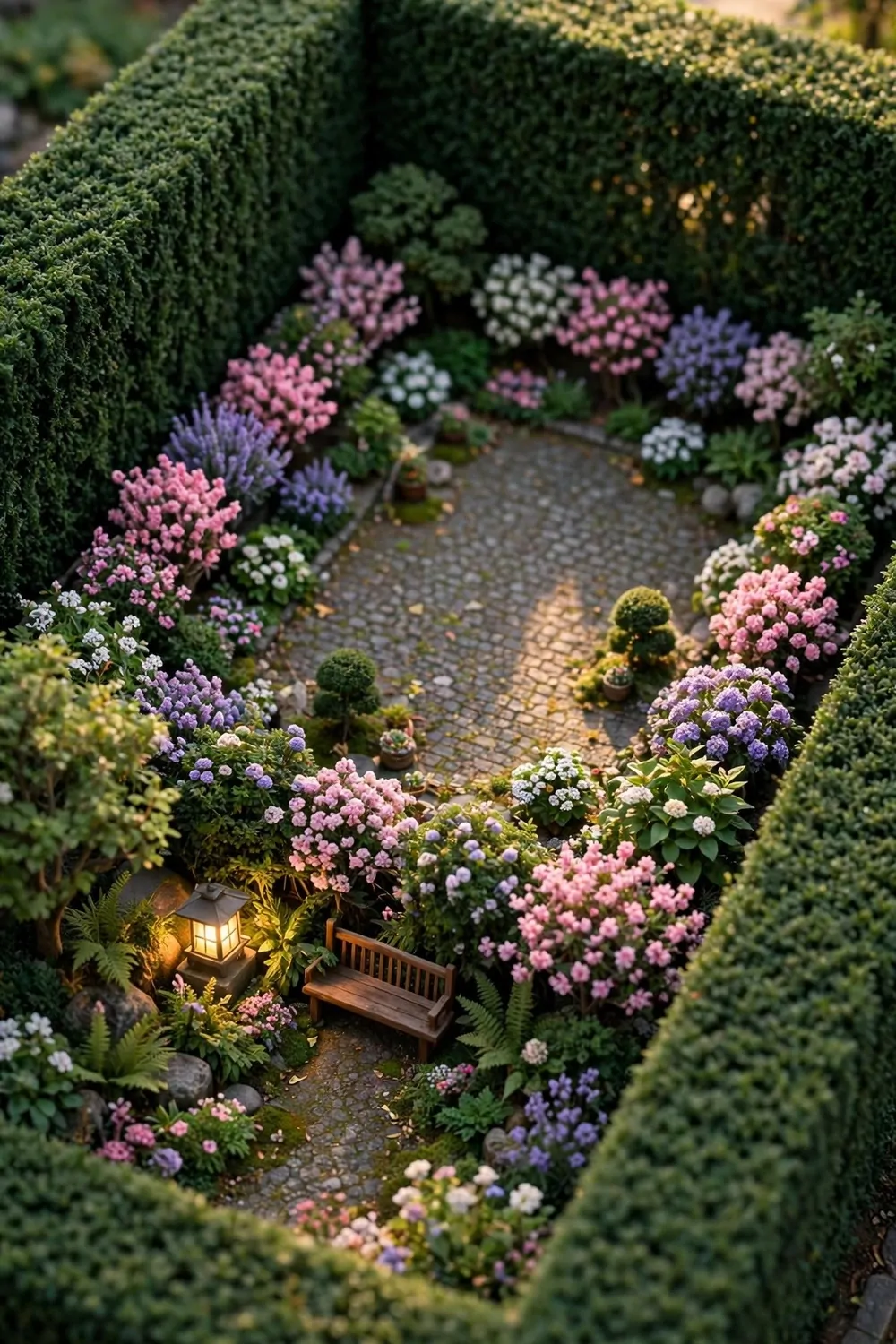 17 Acnh Town Hall Ideas for a Picture-Perfect Plaza 3 Miniature diorama photo of a village plaza framed by trimmed hedges, flowering shrubs and a glowing garden lantern