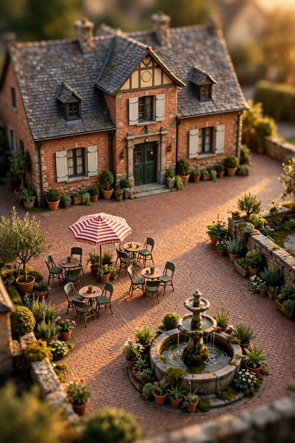 17 Acnh Town Hall Ideas for a Picture-Perfect Plaza 4 Miniature diorama photo of a brick plaza extension with cafe tables, umbrella and potted plants in front of a village hall