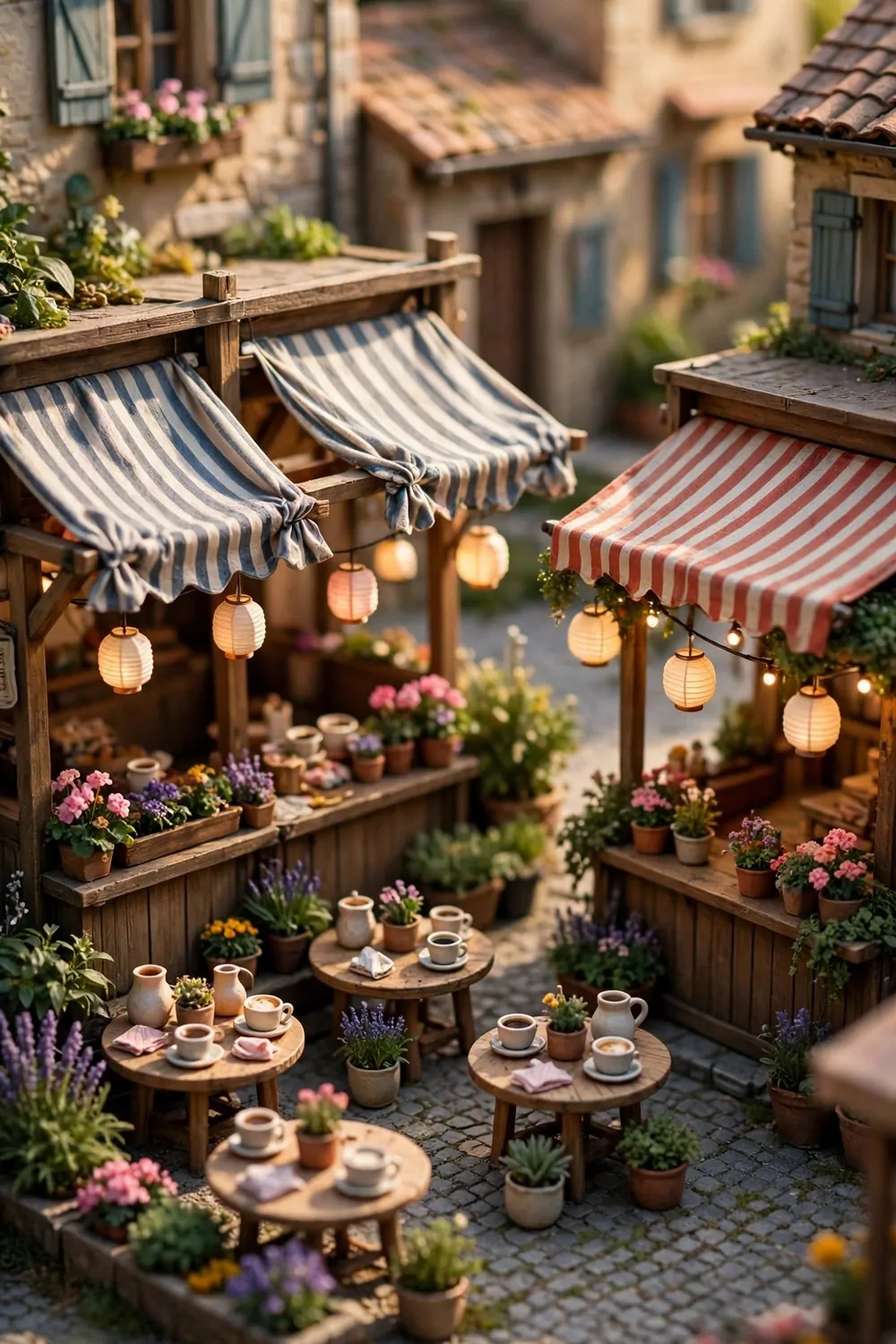 17 Acnh Town Hall Ideas for a Picture-Perfect Plaza 6 Miniature diorama photo of flower garden beds with colorful blooms, glowing lanterns and a white picket fence