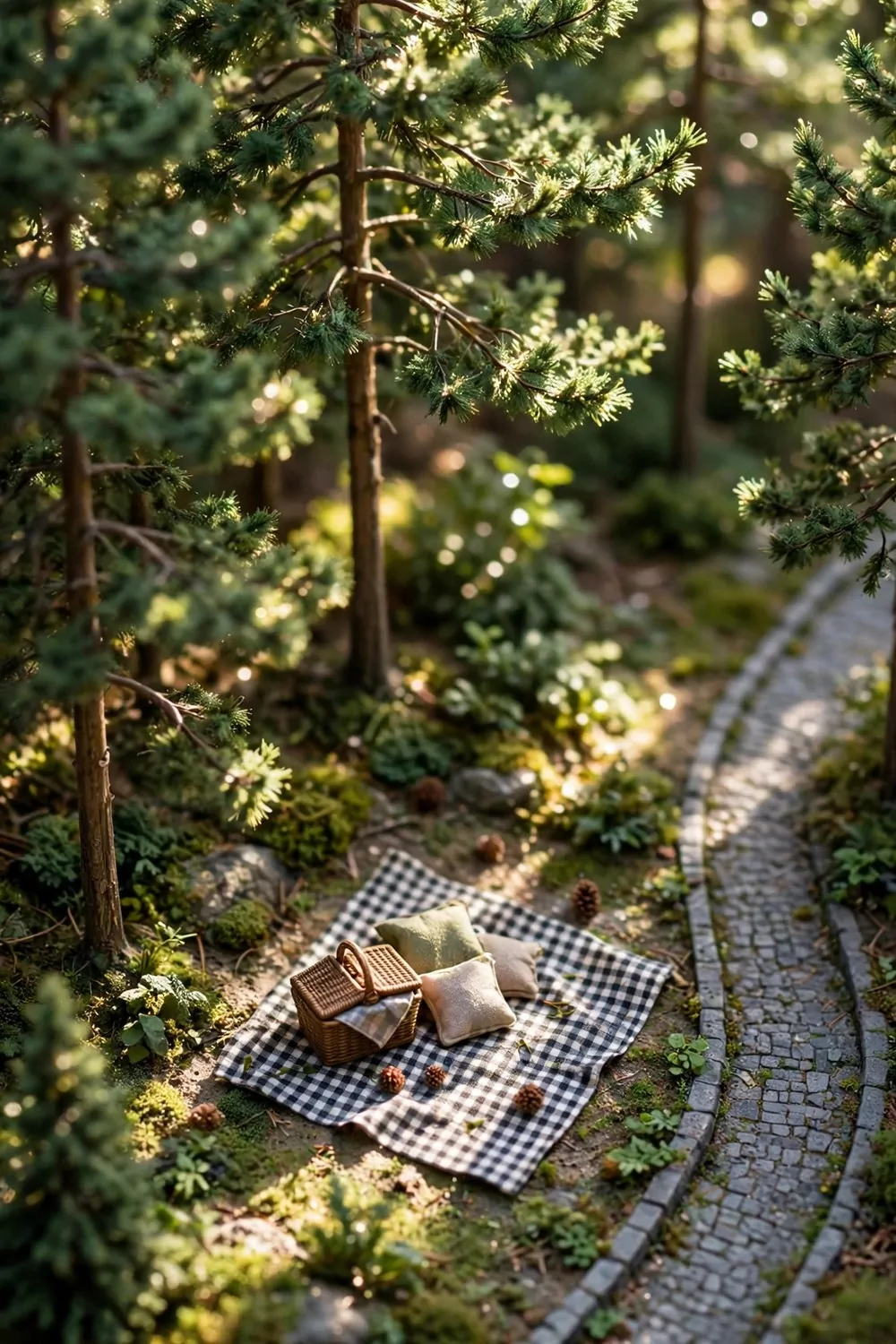 17 Acnh Town Hall Ideas for a Picture-Perfect Plaza 7 Miniature diorama photo of a cozy outdoor cafe corner with market stalls, round tables, coffee cups and hanging lanterns