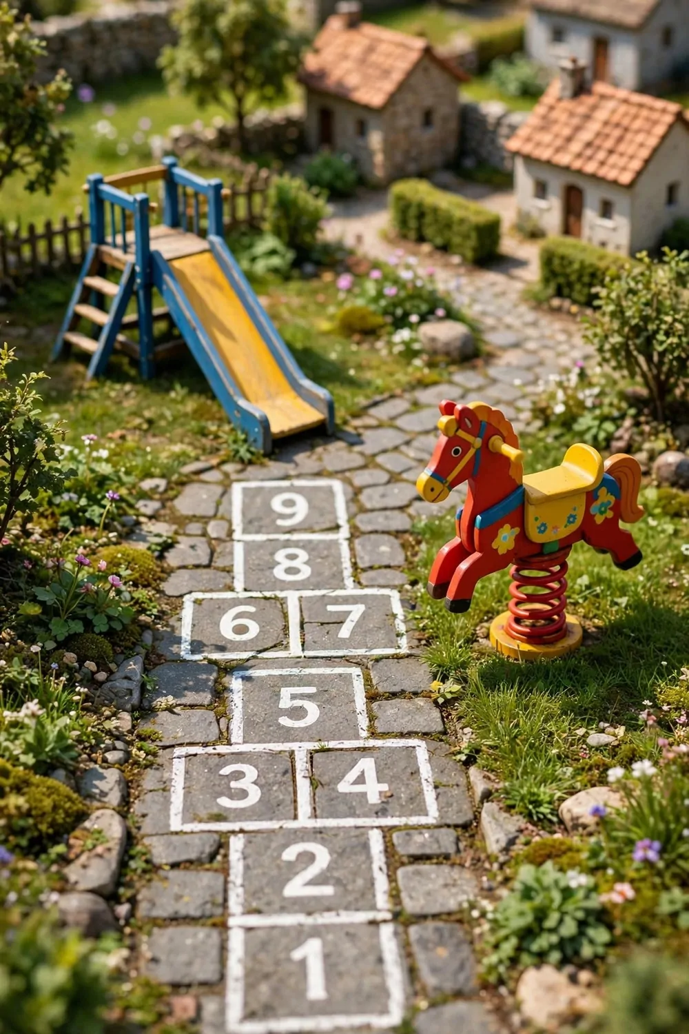 17 Acnh Town Hall Ideas for a Picture-Perfect Plaza 12 Miniature diorama photo of a tropical village plaza with coconut palm trees, sand path, wooden spike fencing and hibiscus flowers