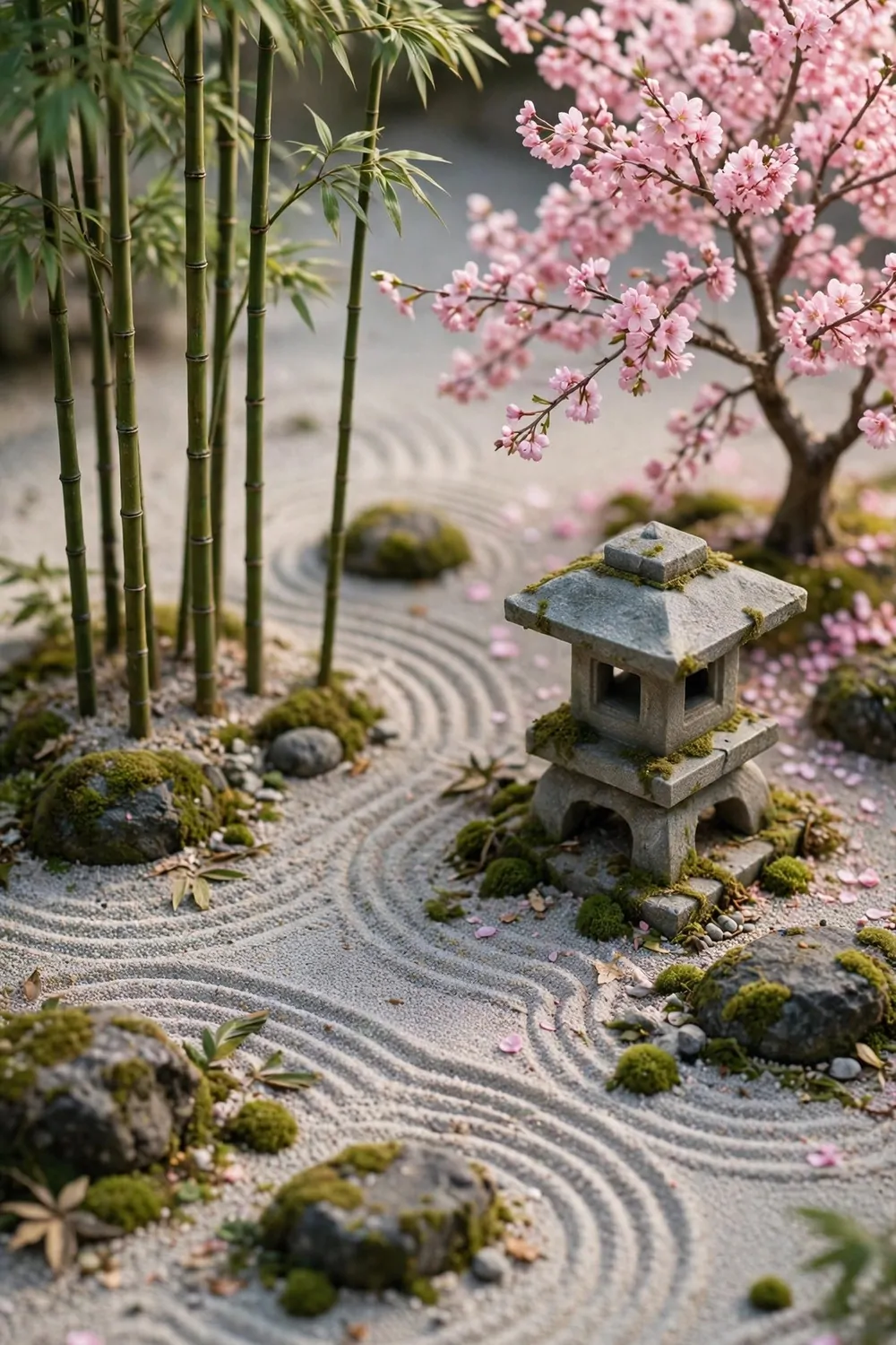 17 Acnh Town Hall Ideas for a Picture-Perfect Plaza 14 Miniature diorama photo of a calm zen garden corner with bamboo stalks, stone lantern, cherry blossom tree and raked gravel