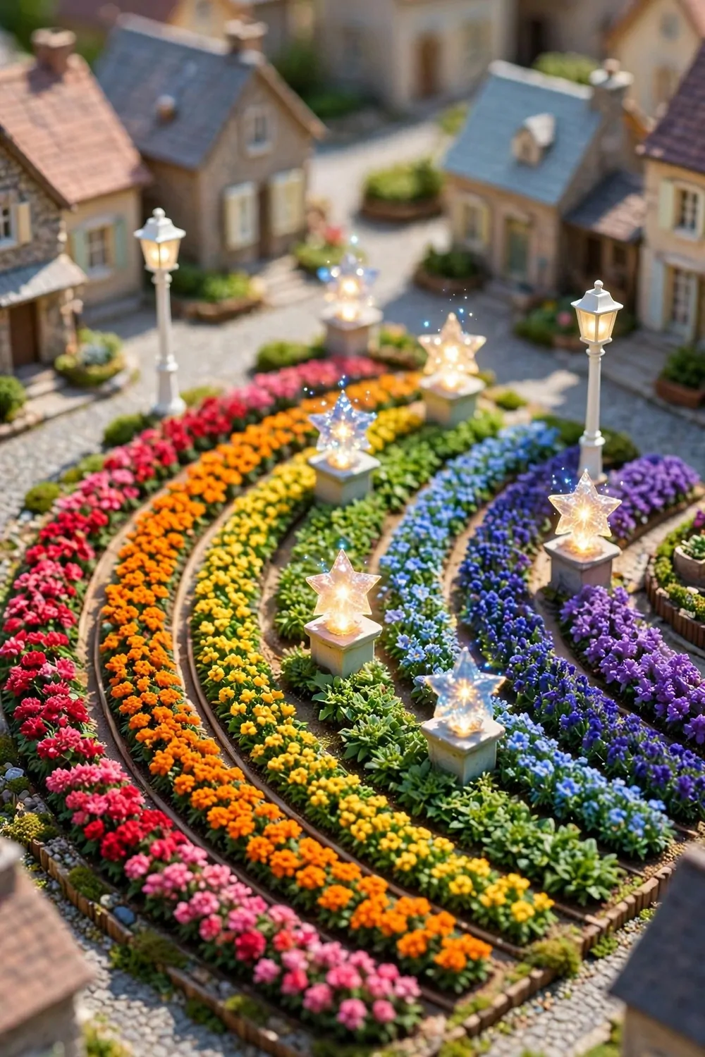 17 Acnh Town Hall Ideas for a Picture-Perfect Plaza 15 Miniature diorama photo of a village square with rainbow flower beds, glowing star fragments on pedestals and white street lamps