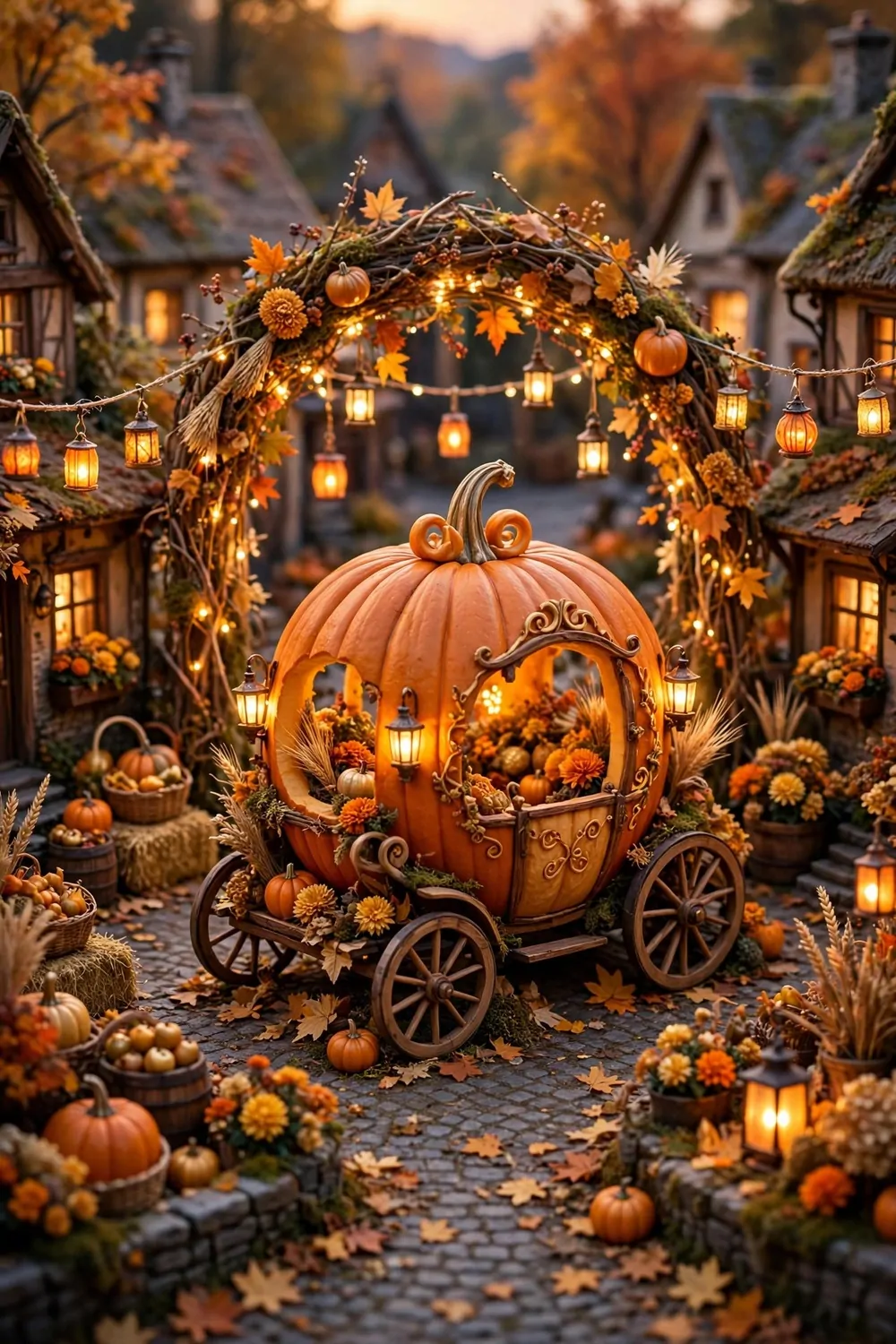 17 Acnh Town Hall Ideas for a Picture-Perfect Plaza 16 Miniature diorama photo of a harvest village square with pumpkin carriage, glowing archway, autumn lanterns and golden flowers