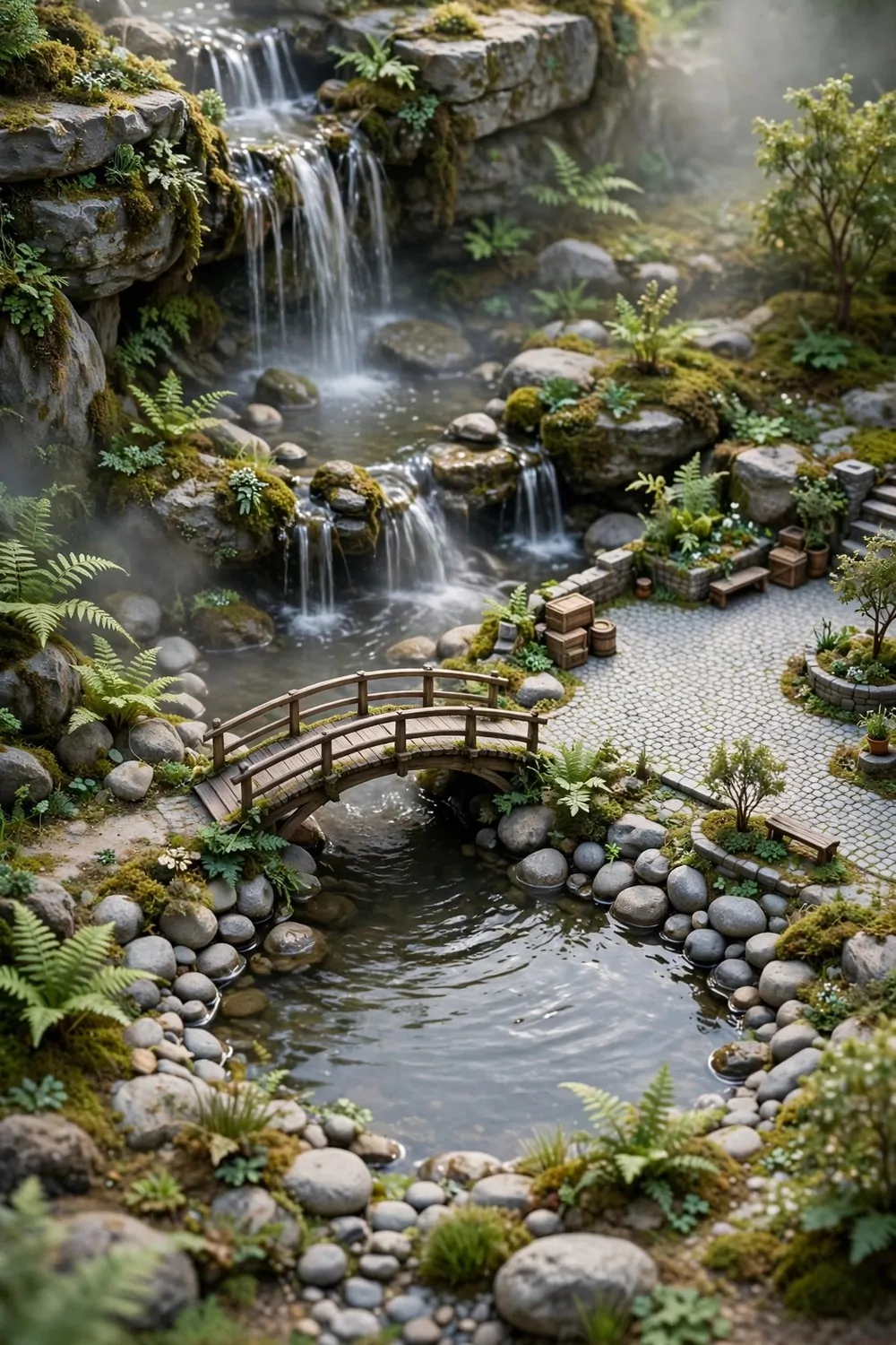 17 Acnh Town Hall Ideas for a Picture-Perfect Plaza 17 Miniature diorama photo of a waterfall flowing into a pond beside a village plaza with a wooden bridge, stones and ferns