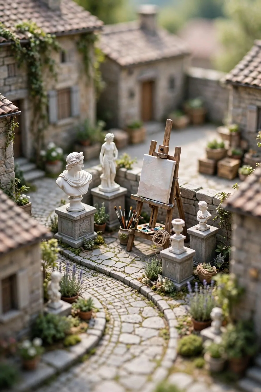 17 Acnh Town Hall Ideas for a Picture-Perfect Plaza 19 Miniature diorama photo of a museum courtyard beside a village hall with fossil displays on pedestals, fountain and manicured hedges