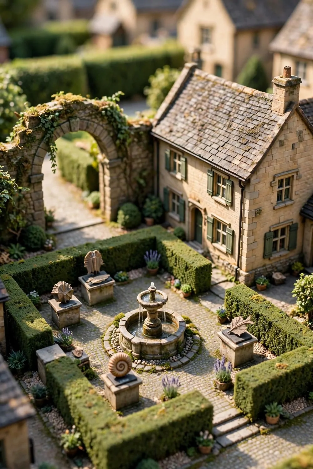 17 Acnh Town Hall Ideas for a Picture-Perfect Plaza 1 Miniature diorama photo of a village town hall plaza at golden hour with fountain, hedges and flower beds