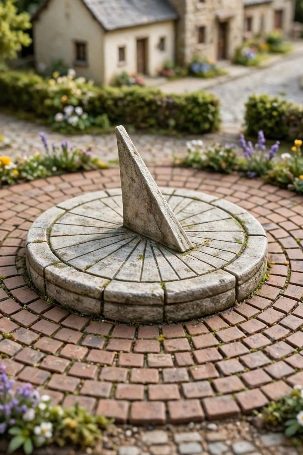 17 Acnh Town Hall Ideas for a Picture-Perfect Plaza 5 Miniature diorama photo of a stone sundial centerpiece on a circular brick tile pattern in a village square
