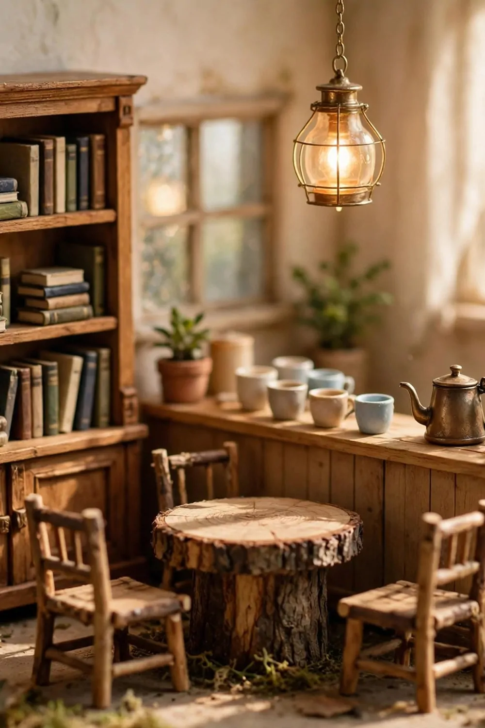 Miniature diorama of a coffee shop reading corner with a bookcase, wooden stall counter, log table and warm lamp