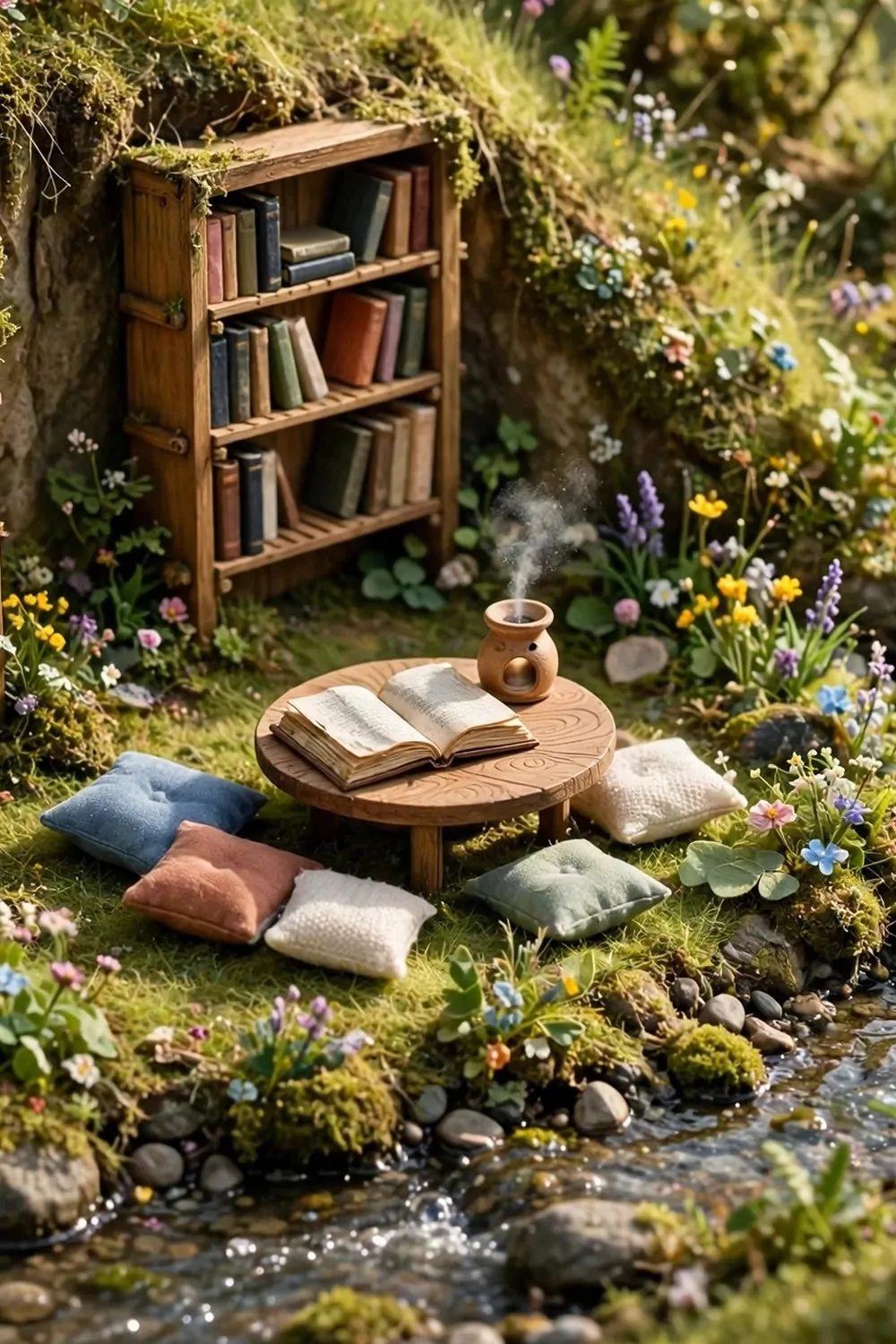 Miniature diorama of a riverside reading nook with bookcases in a cliff dip, a table with an open book and flowers