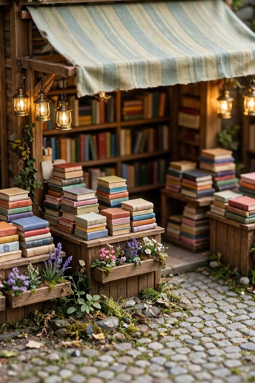 Miniature diorama of an outdoor bookshop front with wooden bookcase walls, stalls of books and a cobblestone path