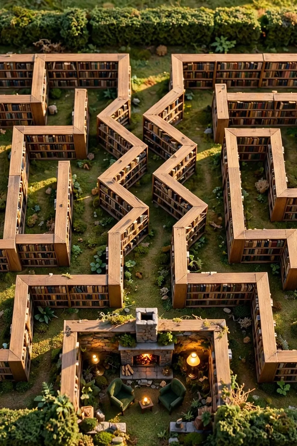 Miniature diorama of a book maze with zig-zag bookshelf aisles, hedges and a fireplace reading corner