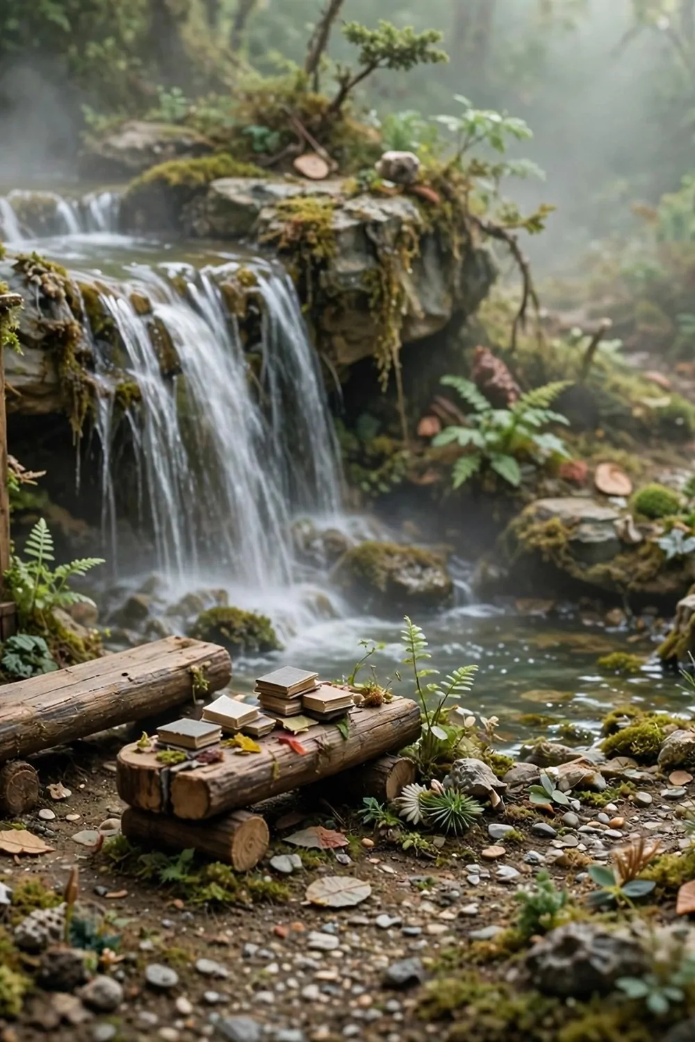 Miniature diorama of an outdoor library beside a waterfall with log benches, book stacks and plants