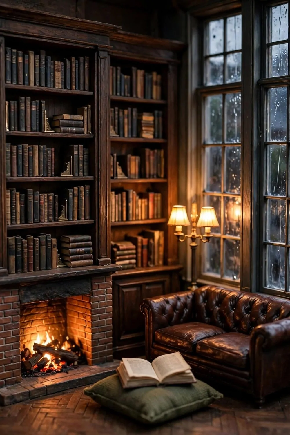 Miniature diorama of an old-fashioned library corner with leather sofas, a brick fireplace and tall rainy windows
