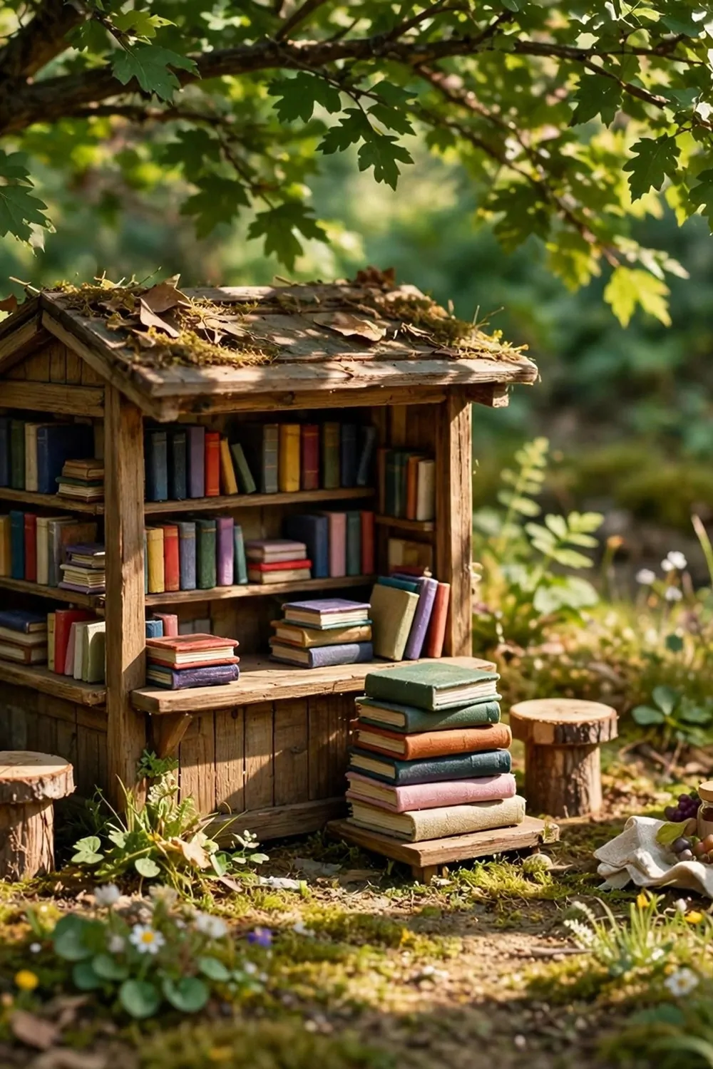 Miniature diorama of a tiny library kiosk under a tree with log stools and a picnic set