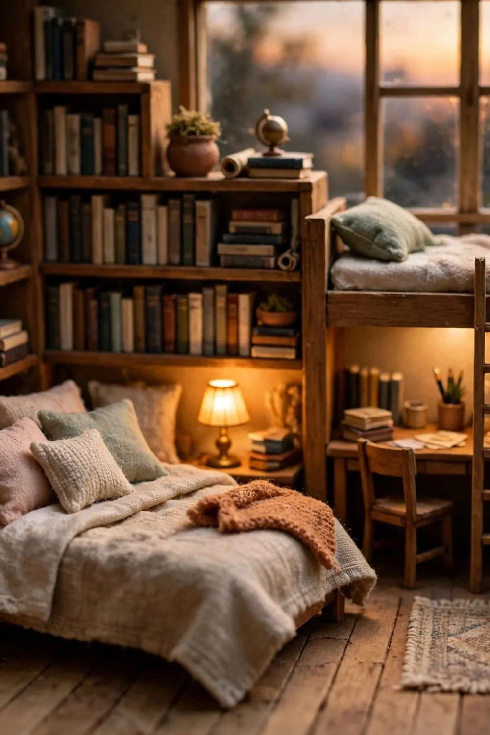 Miniature diorama of a cozy bedroom library with bookshelves around a bed, a bunk with desk and warm lamp