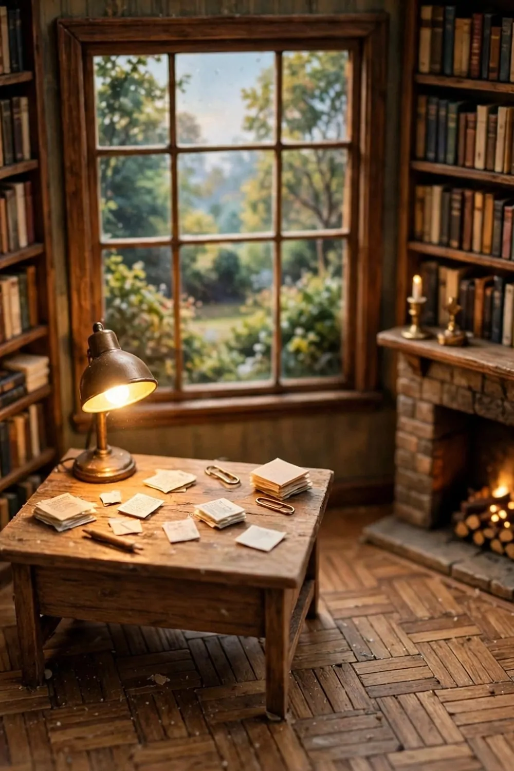 Miniature diorama of a home office blended with a library, desk, bookshelf walls, fireplace and warm lamp
