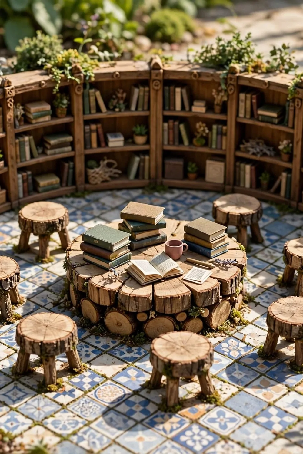 Miniature diorama of an open-air reading area with log stools around a table and bookcases in a half circle