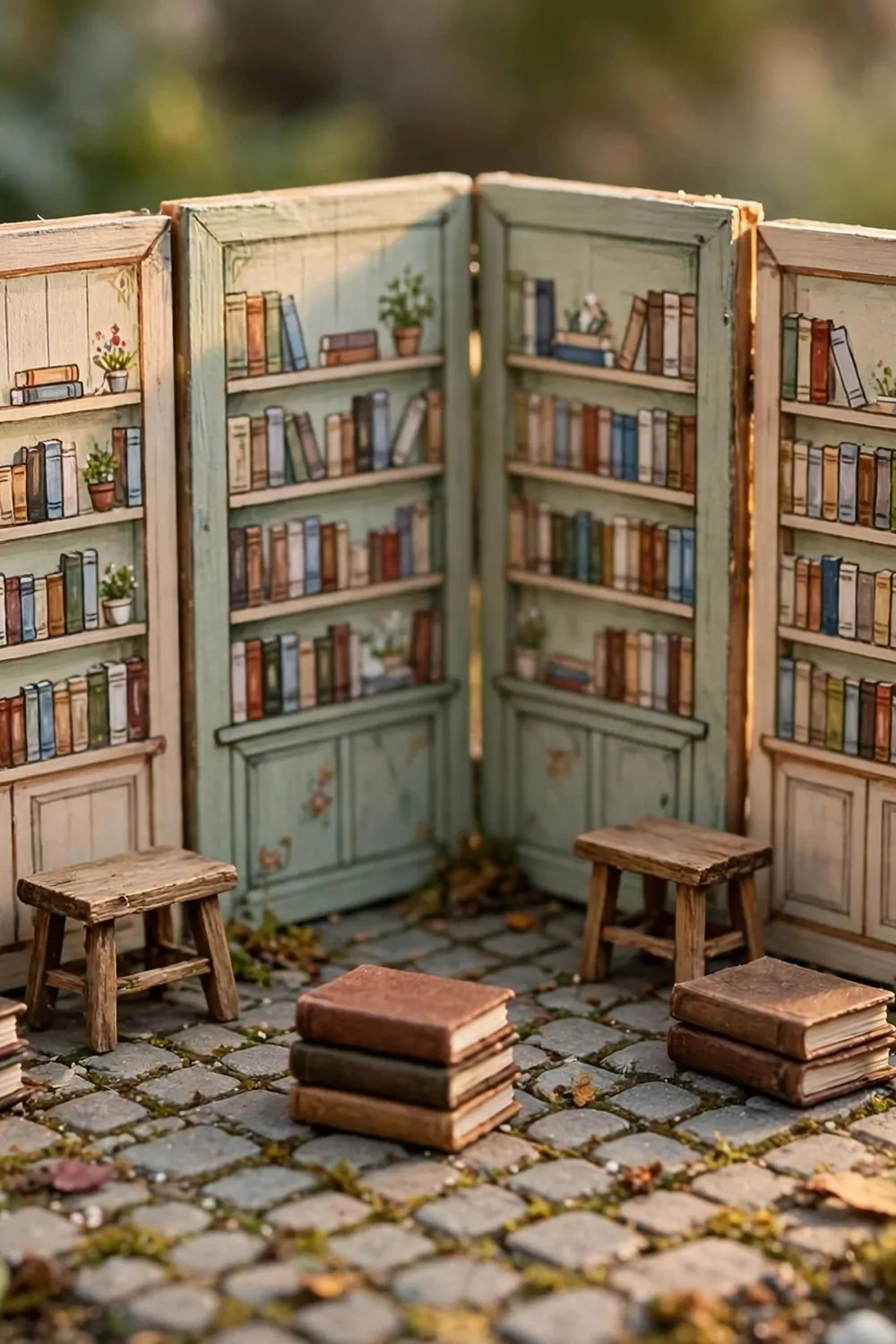 Miniature diorama of a tiny outdoor library made from painted panels, stone flooring, stools and flowers