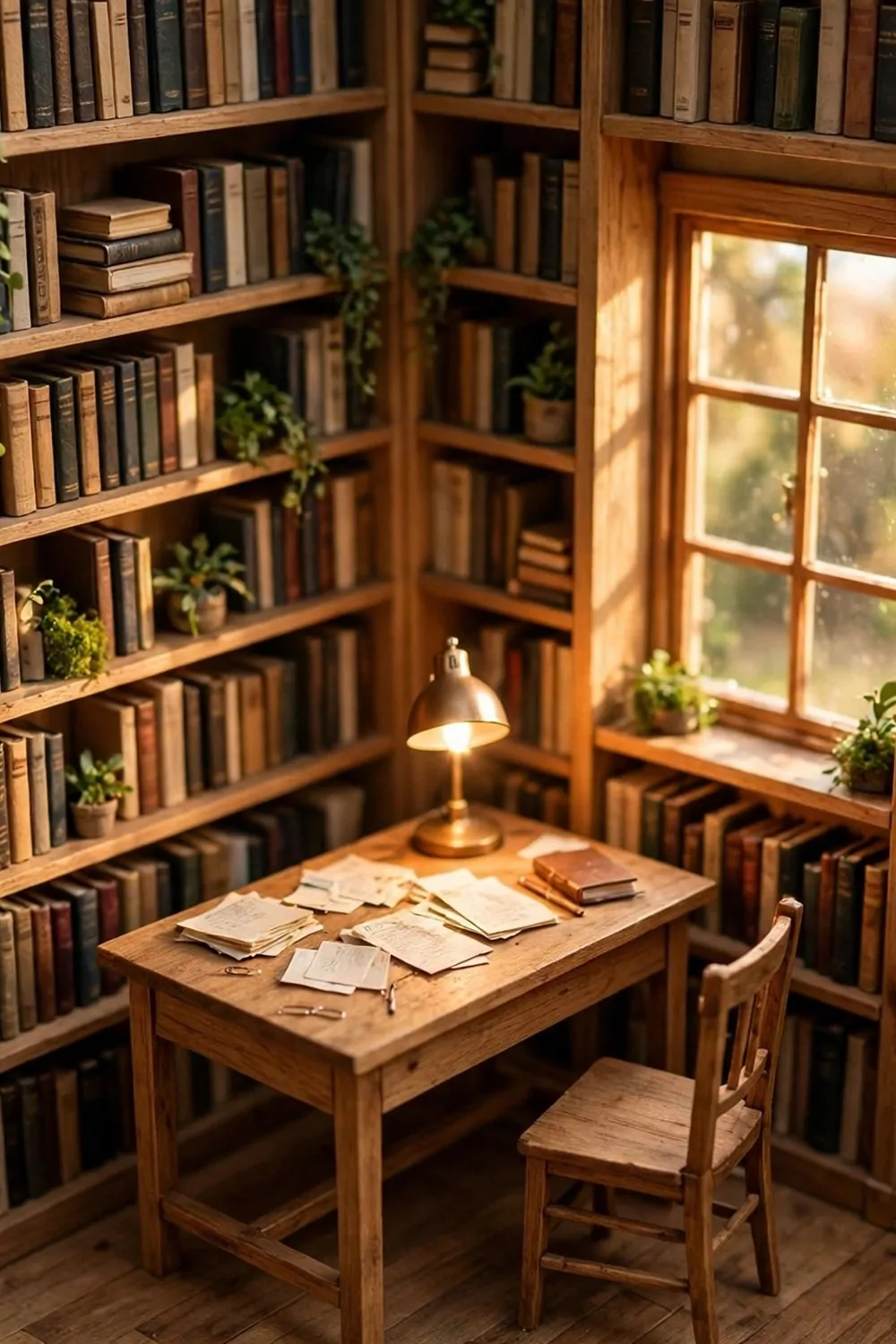 Miniature diorama of a study area enclosed by tall bookshelves with a wooden desk, lamp and plants