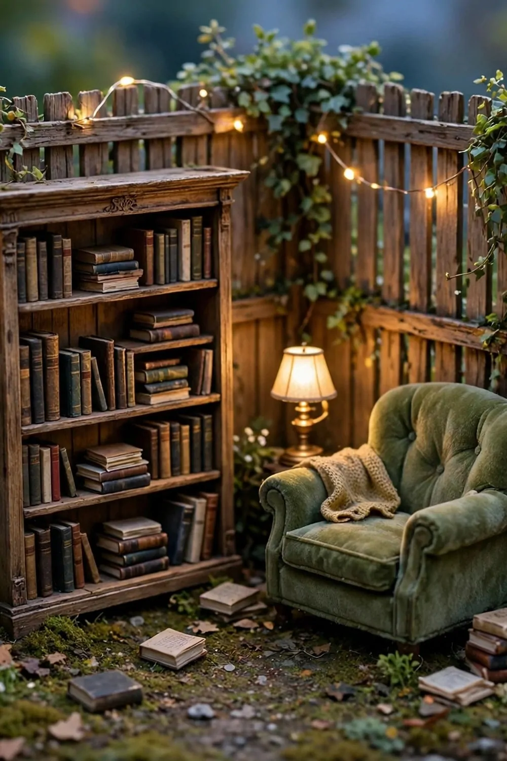 Miniature diorama of a fenced garden library nook with antique bookshelves, armchair, reading lamp and fairy lights