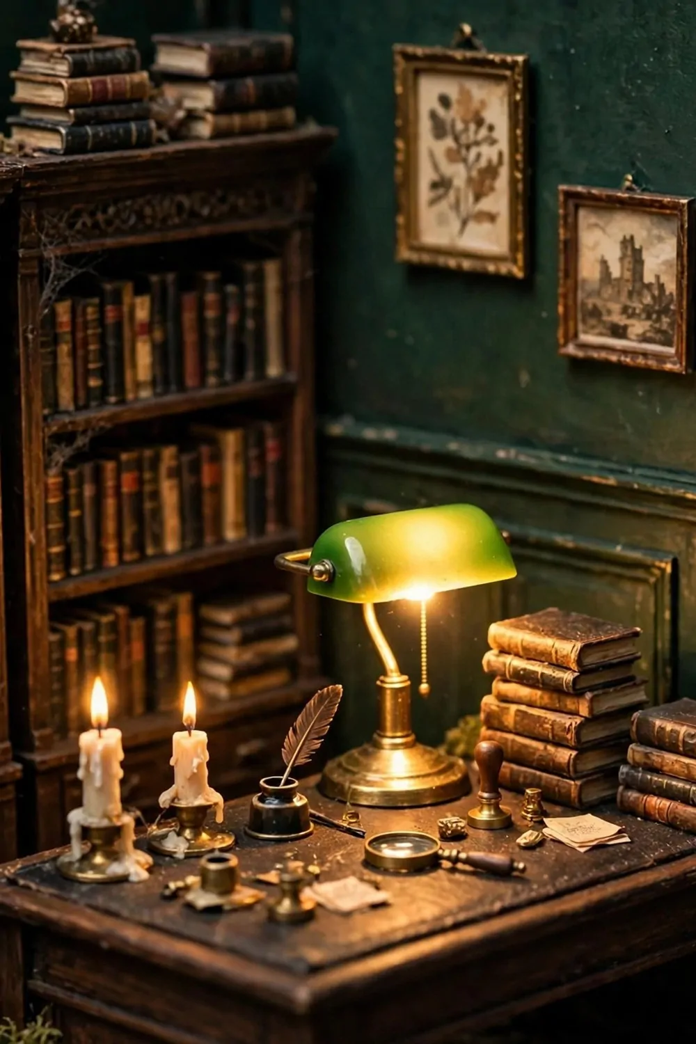 Miniature diorama of a dark academia library with green walls, antique shelves, banker's lamp and candles