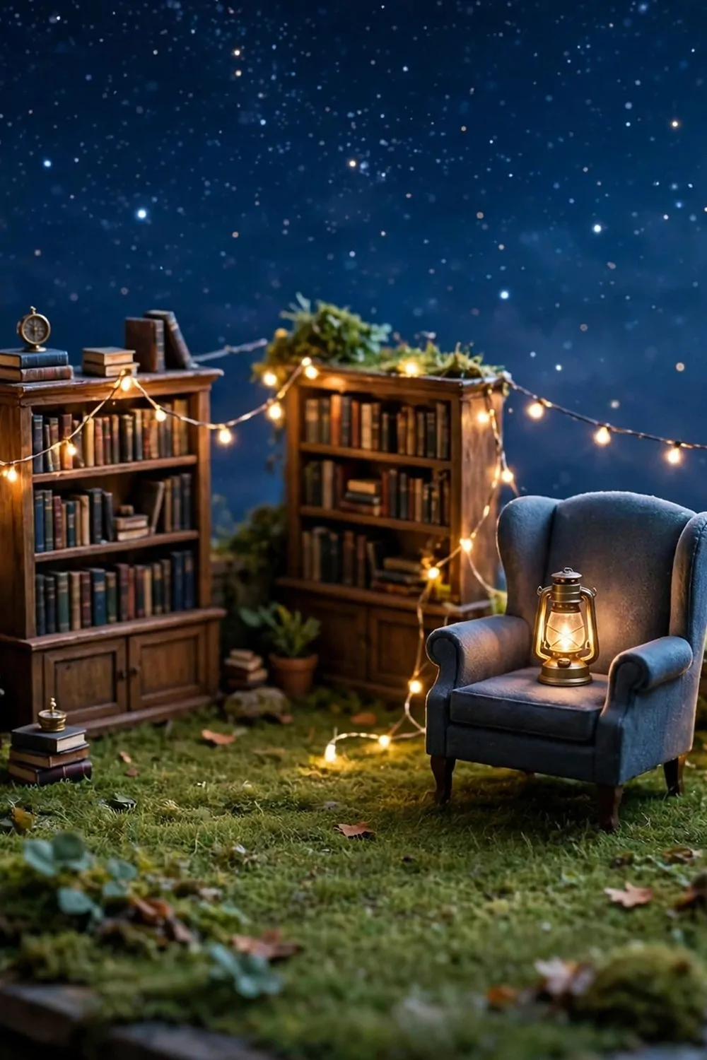 Miniature diorama of a starlit rooftop library with bookcases, a moonlit chair, lantern and string lights