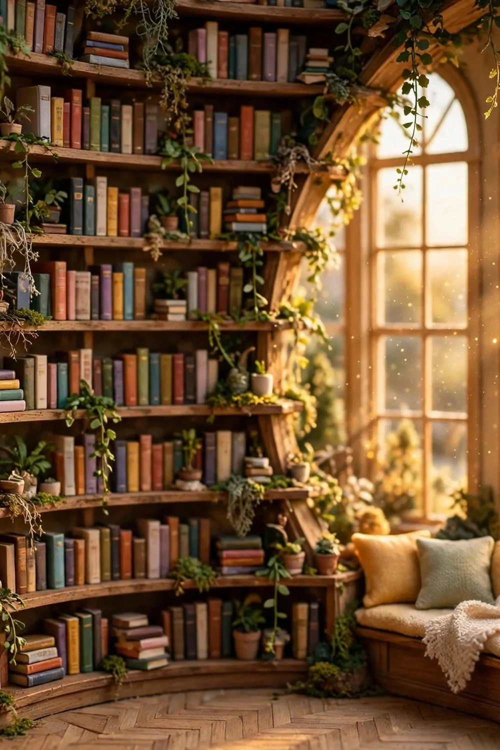 Miniature diorama of a grand storybook library at golden hour with curved shelves and a sunny window seat