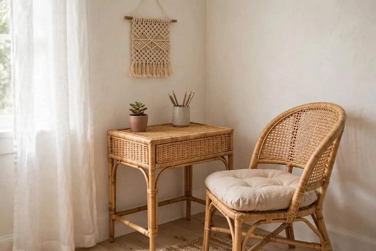 17 Anthropologie Office Inspiration Looks With Boho Charm 1 Rattan desk nook with woven chair and warm wood details