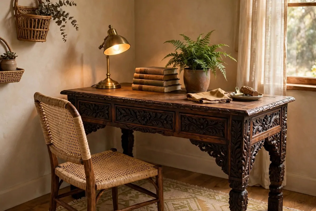 17 Anthropologie Office Inspiration Looks With Boho Charm 2 Carved wooden desk with boho office decor