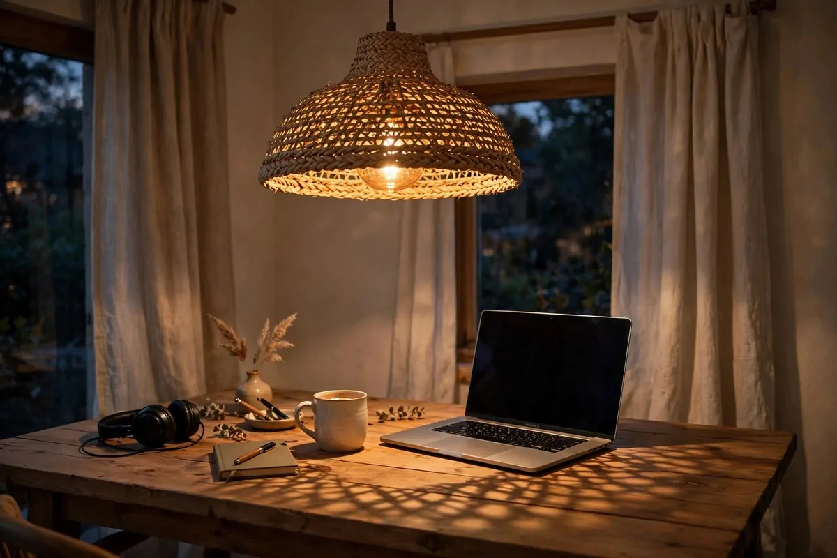 17 Anthropologie Office Inspiration Looks With Boho Charm 3 Woven rattan pendant light hanging over a wooden desk
