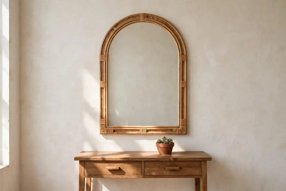 17 Anthropologie Office Inspiration Looks With Boho Charm 4 Arched rattan mirror above a wooden console in a boho office