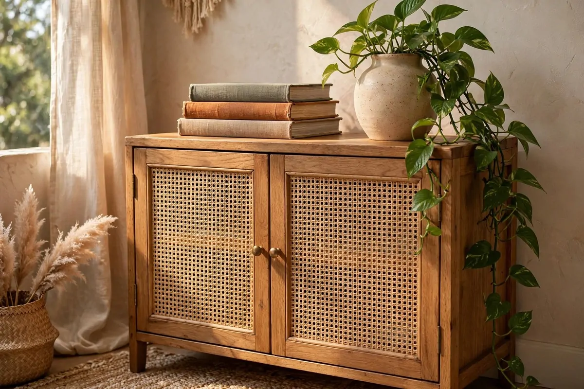 17 Anthropologie Office Inspiration Looks With Boho Charm 5 Cane front storage cabinet styled with books and decor