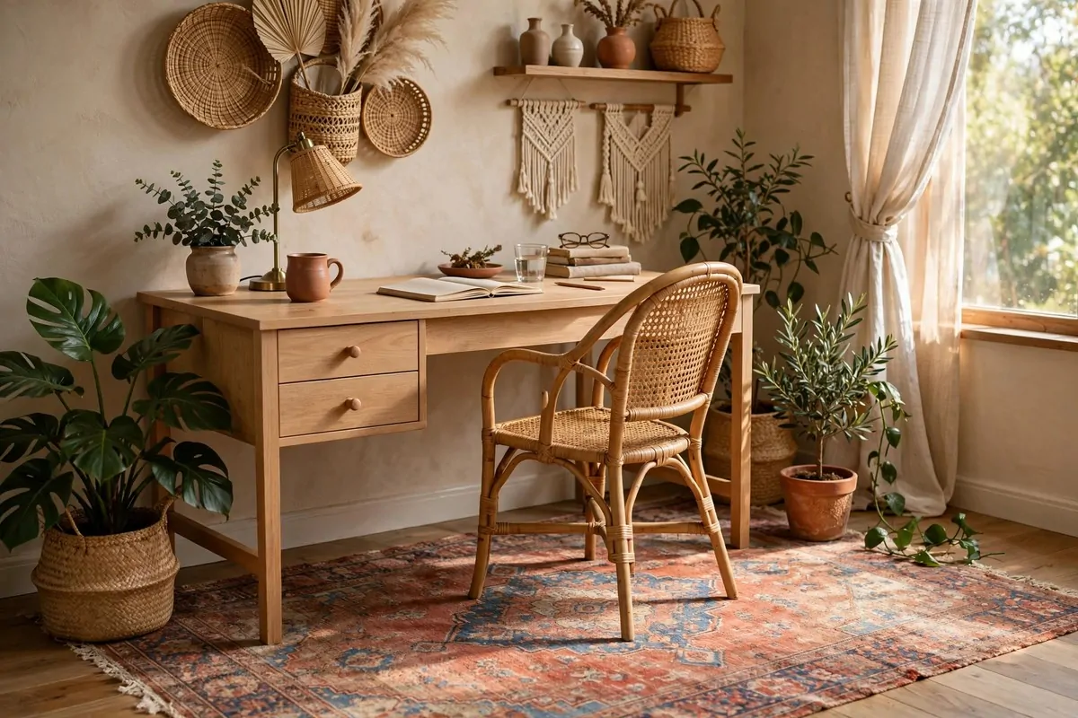 17 Anthropologie Office Inspiration Looks With Boho Charm 6 Vintage Persian rug anchoring a boho office desk setup