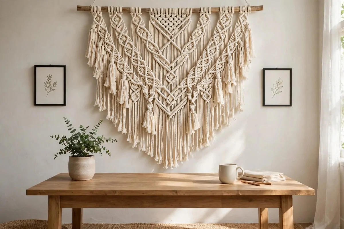 17 Anthropologie Office Inspiration Looks With Boho Charm 7 Macrame wall hanging above a wooden office desk