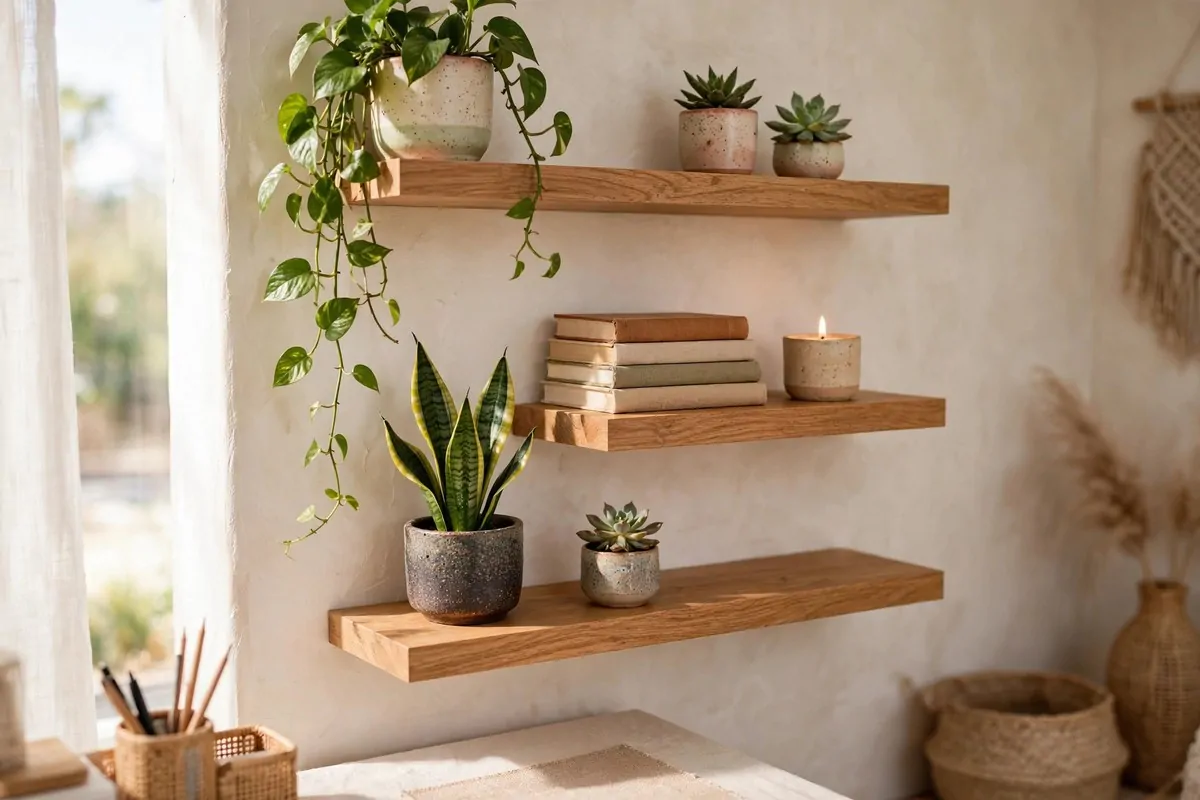 17 Anthropologie Office Inspiration Looks With Boho Charm 8 Floating shelves with plants and ceramics in a boho office