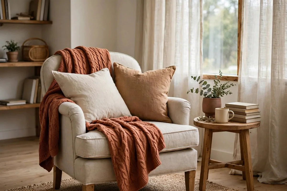 17 Anthropologie Office Inspiration Looks With Boho Charm 9 Linen cushions and textured throw in a cozy office corner
