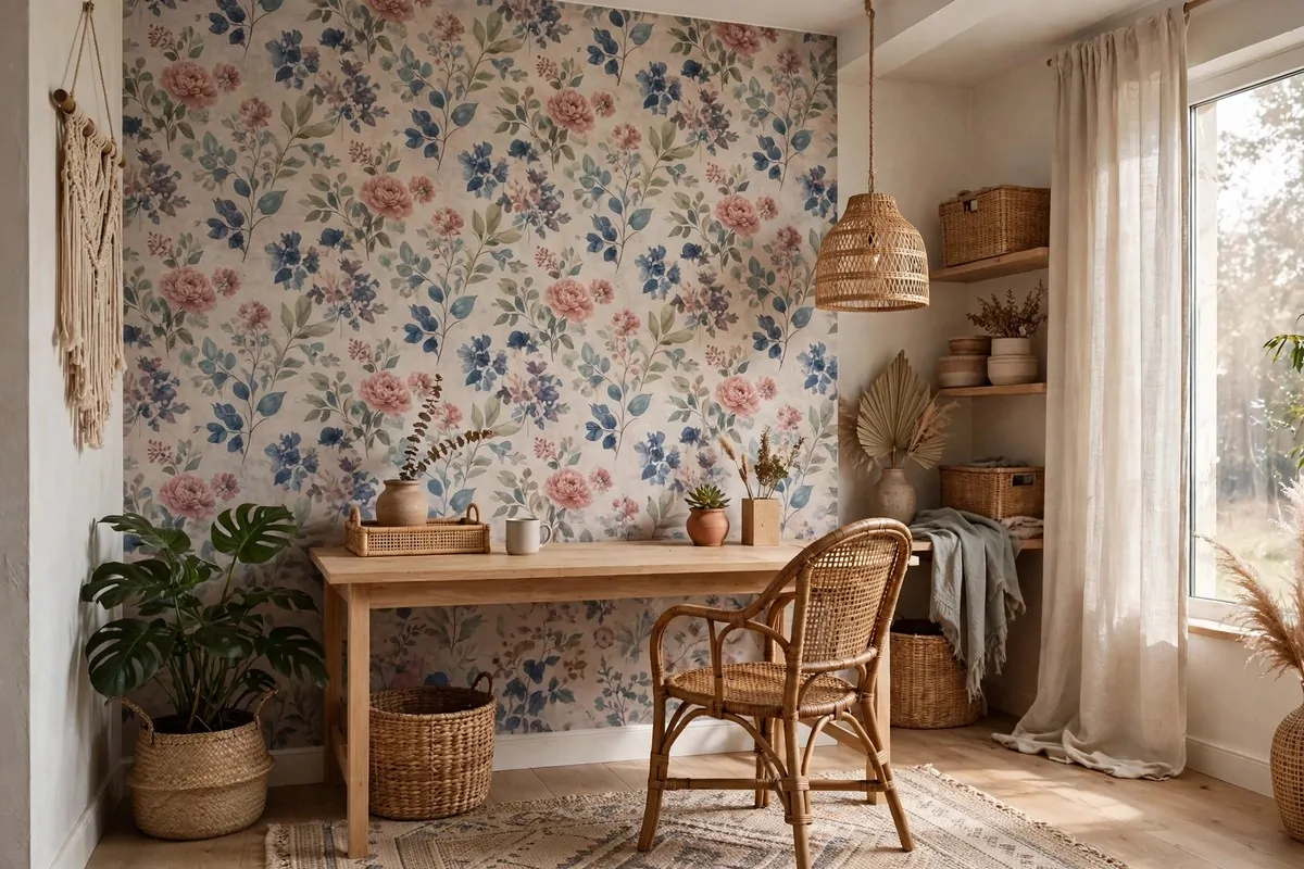 17 Anthropologie Office Inspiration Looks With Boho Charm 11 Patterned floral wallpaper accent wall in a boho office