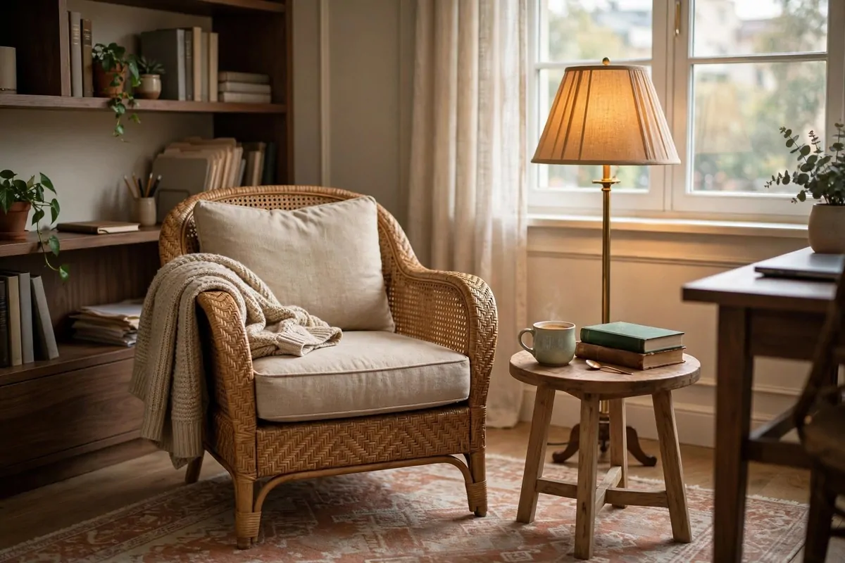17 Anthropologie Office Inspiration Looks With Boho Charm 12 Cozy reading nook with armchair and side table in office corner