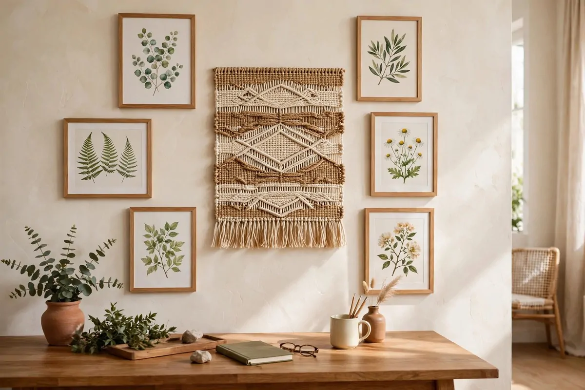 17 Anthropologie Office Inspiration Looks With Boho Charm 13 Botanical print gallery wall with woven textile art