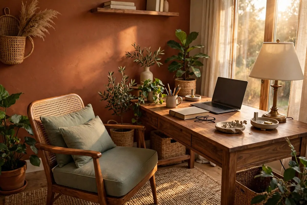17 Anthropologie Office Inspiration Looks With Boho Charm 14 Earthy terracotta and sage color palette home office
