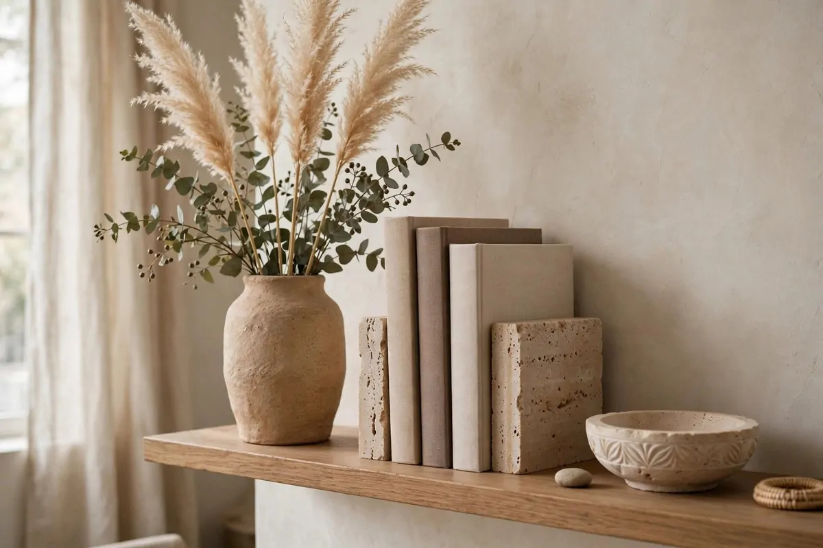 17 Anthropologie Office Inspiration Looks With Boho Charm 15 Dried pampas grass and travertine accents on office shelf