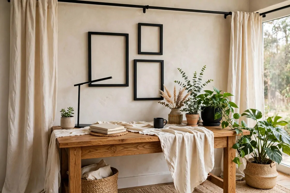 17 Anthropologie Office Inspiration Looks With Boho Charm 16 Black metal desk lamp and frames contrasting warm wood tones
